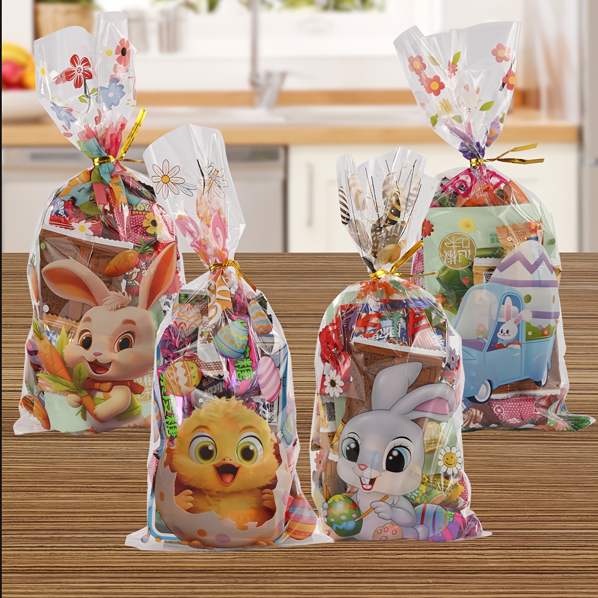 

A Pack Of 50pcs Containing 4 Different Designs Of Easter Gift Candy In Flat Bags With Ties.