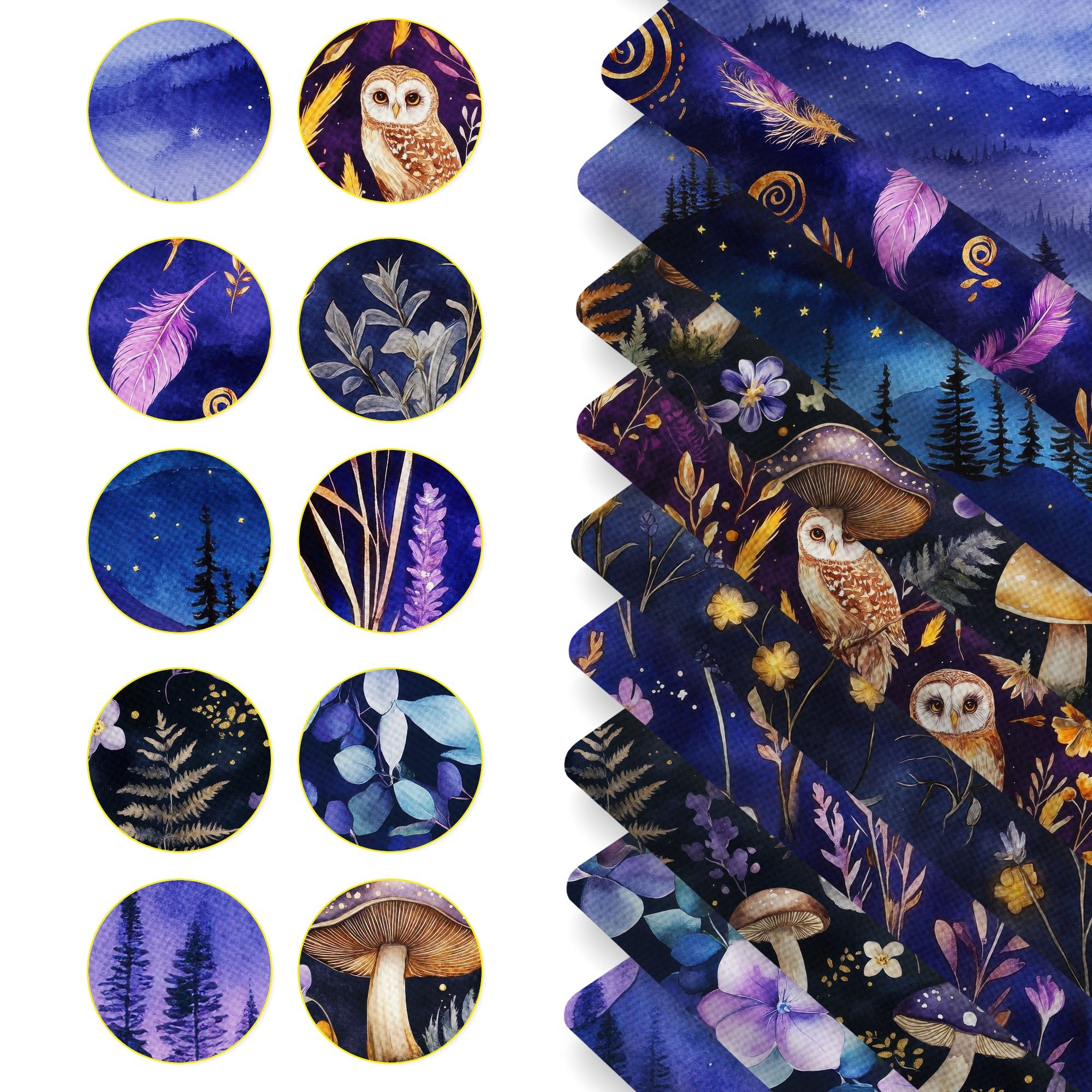 TEMU 10pcs/set Fabric Mysterious Forest Deep Mushroom, Owl, Flower And Other Elements, 100% Polyester Fabric, Suitable For Crafts, Wallet Making,