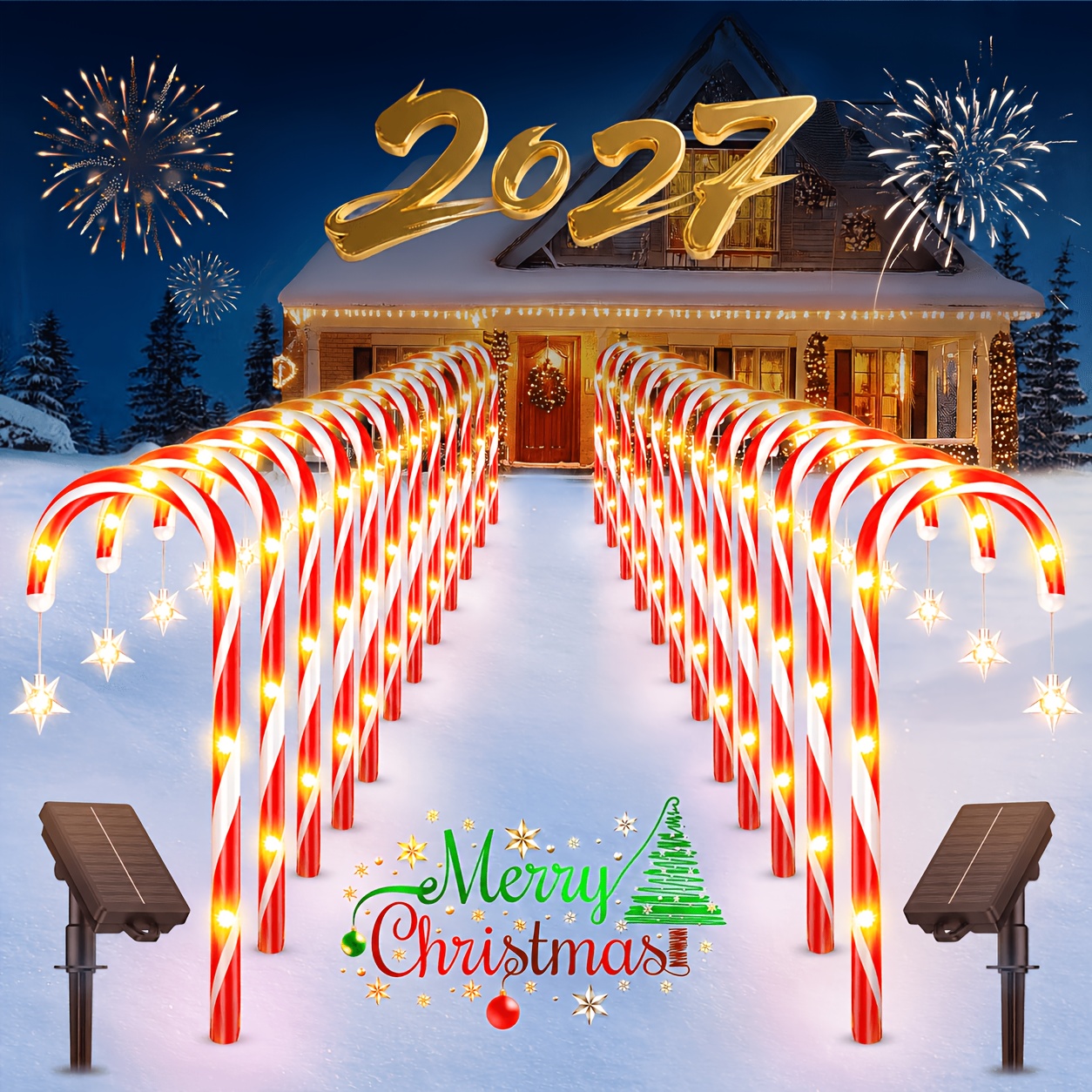 TEMU 12-pack Christmas Decorations Outdoor Solar Candy Cane Lights, Solar Pathway Lights, 10 Outdoor Christmas Decorations For Yard Garden Pathway