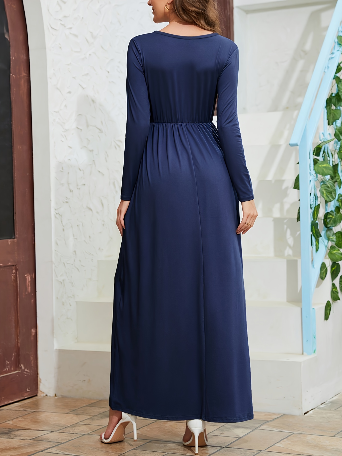 knee length dresses for ladies Dark Blue Long Sleeve Linen Maxi Dress from NikkaPlace