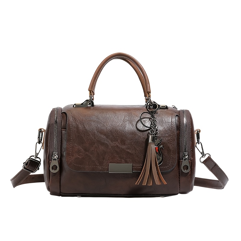 TEMU Women's Shoulder Bag, Vintage Boston Handbag, Crossbody Bag And Top Handle Bag, Women's Tassel Pendant Small Handbag, Multi-zipper Handbag,
