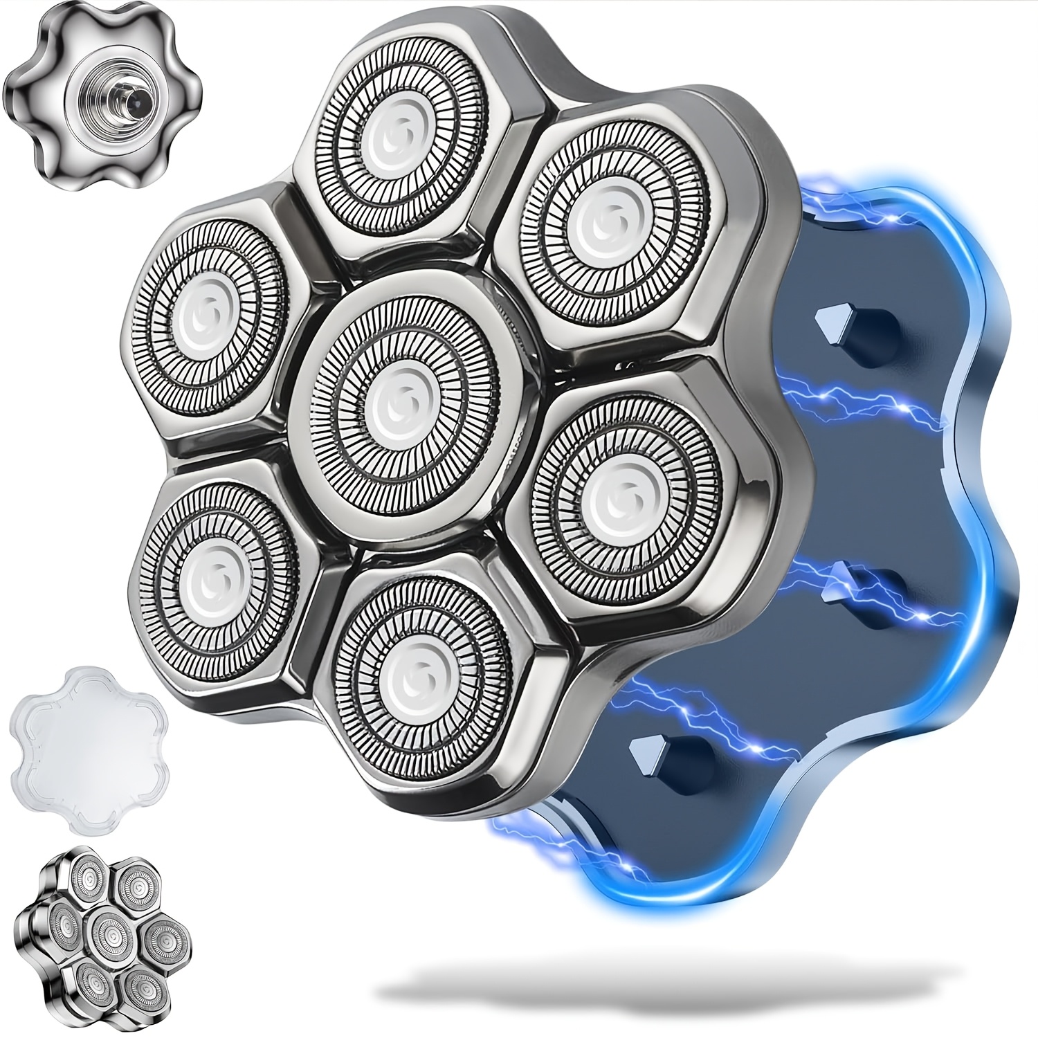 Image of Replacement Heads For Magnetic Head Shavers, Featuring 7 Double Ring Waterproof Rotary , Designed For And Compatible With Shpavver (silver).