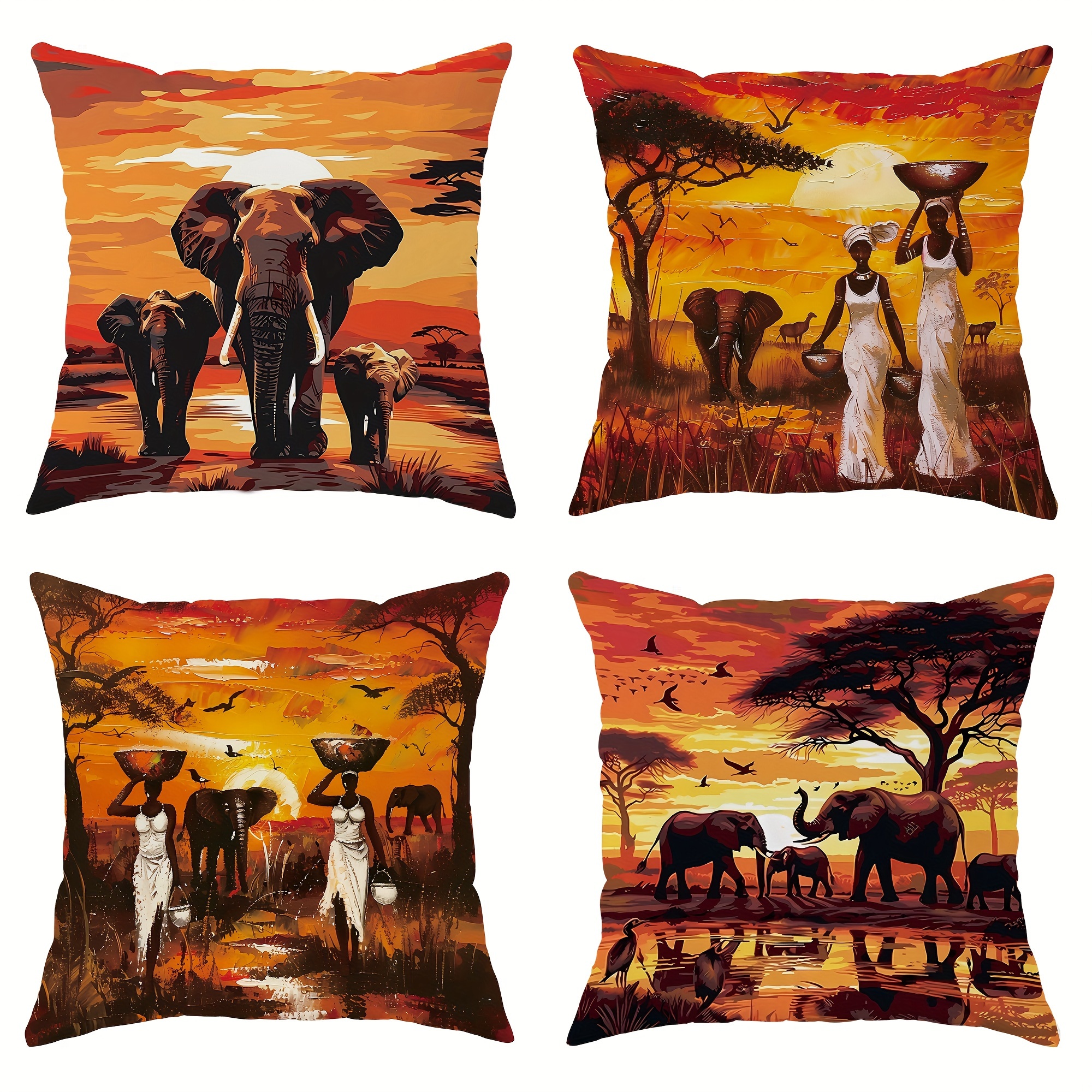 

4 housses de coussin en velours, motifs tribaux africains, éléphant noir, femmes, crépuscule orange, 18 x 18 pouces, pour la décoration du salon, de la chambre à coucher, du canapé et du lit.