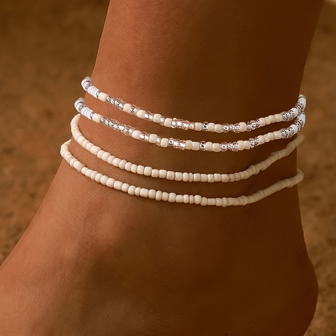 Image of 4pcs/set Mini Rice Beads Beaded Anklet Set Boho Style Summer Beach Anklet Bracelet Elastic Foot Jewelry For Women Vacation Decoration