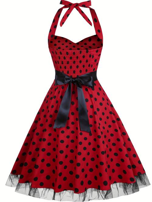 womans sleeveless a line dress with a halter neck design high waisted and cinched waist cut polka dot with flared skirt vintage suitable for parties and daily wear