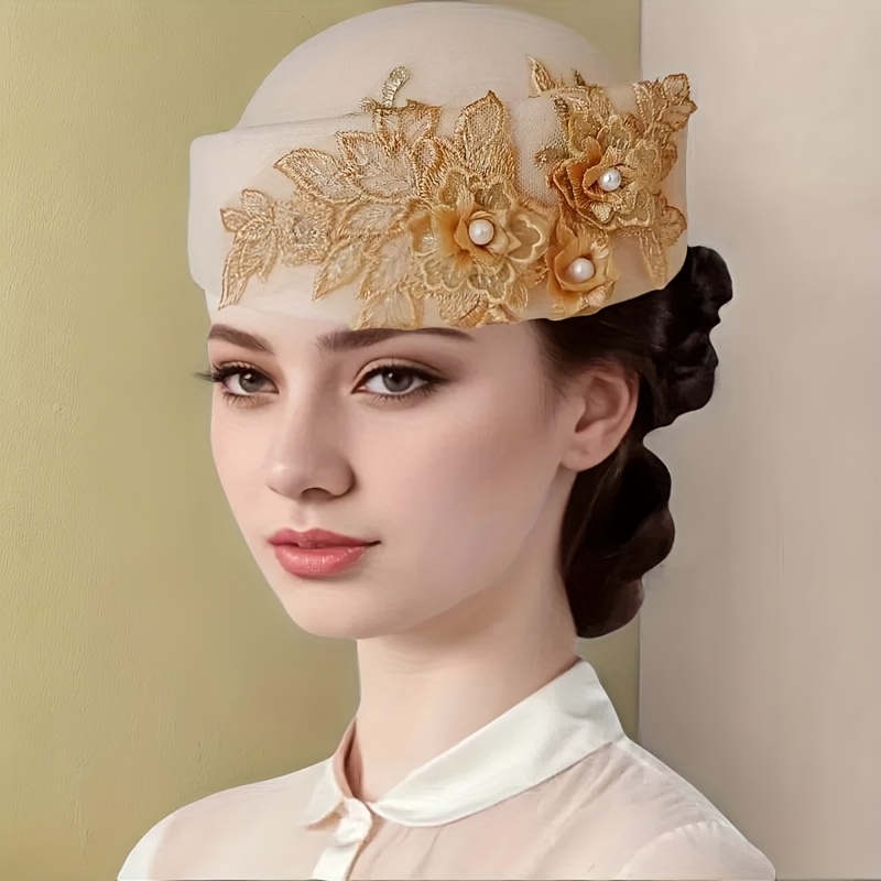 TEMU Elegant Women's Vintage Felt Beret With Floral And Pearl Embellishments - Lightweight Polyester, Hand-washable, Special Occasions And Ceremonial Wear