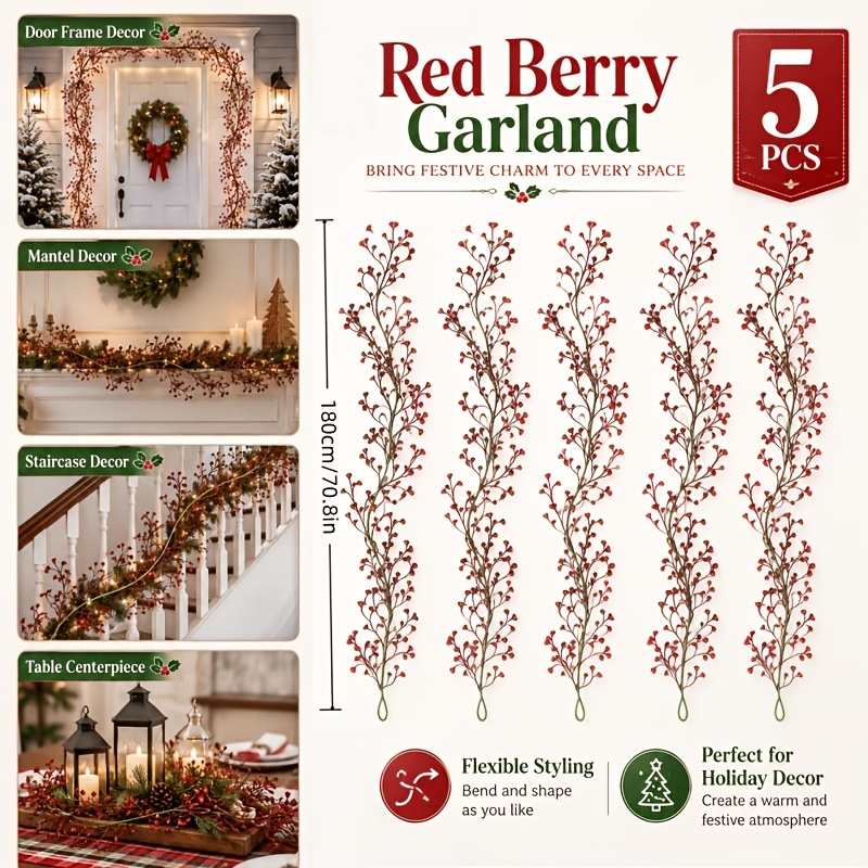 TEMU 5pcs - (total Length 900cm/354.33in, 1pc Length 180cm/70.86in) Christmas Simulation Vine, Suitable For Door Frame Decoration, Fireplace