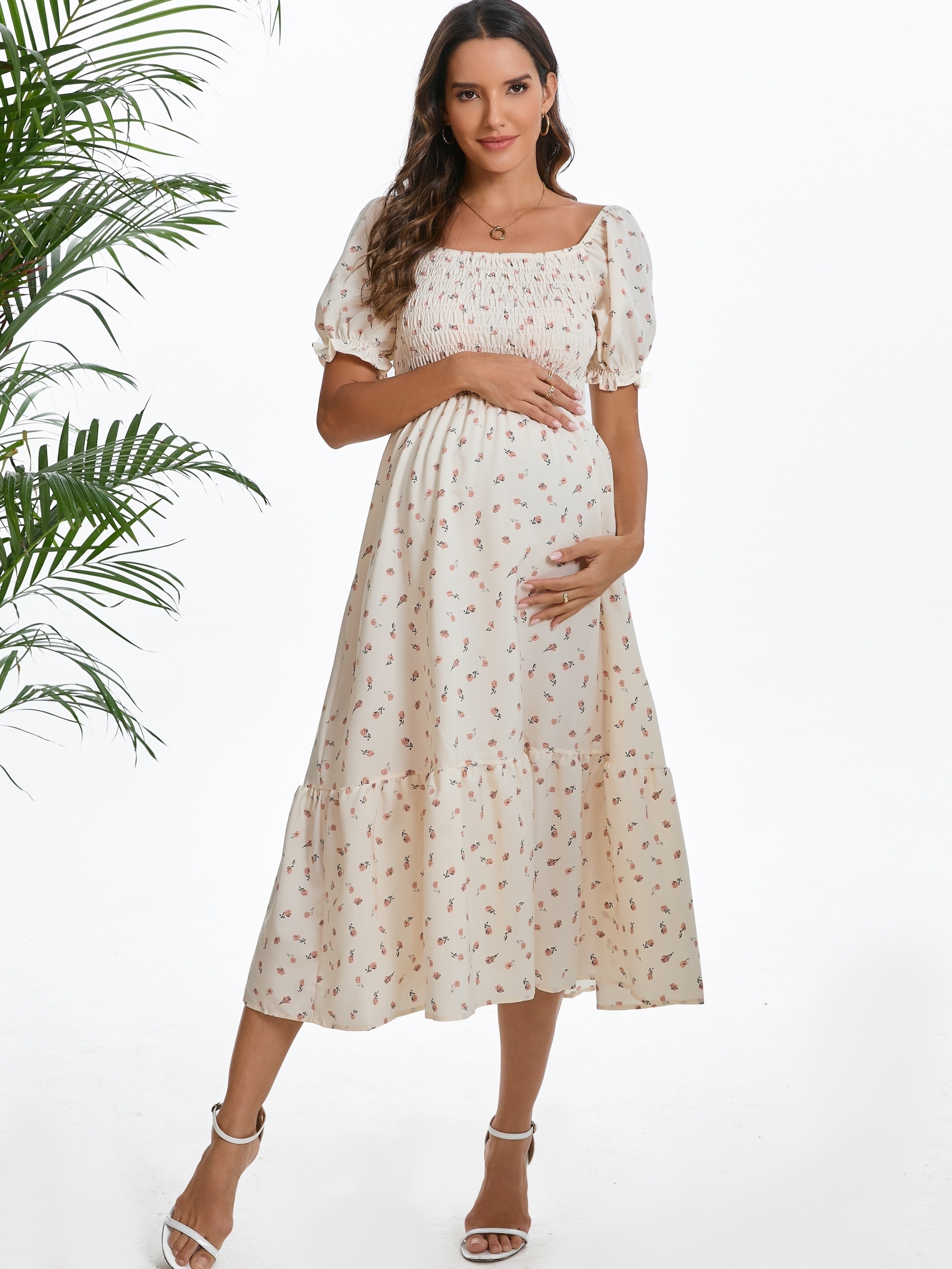 Women’s Maternity Dress – Summer Square Neck Smocked Long Dress With Puff Sleeves | Nursing-Friendly & Breastfeeding-836021
