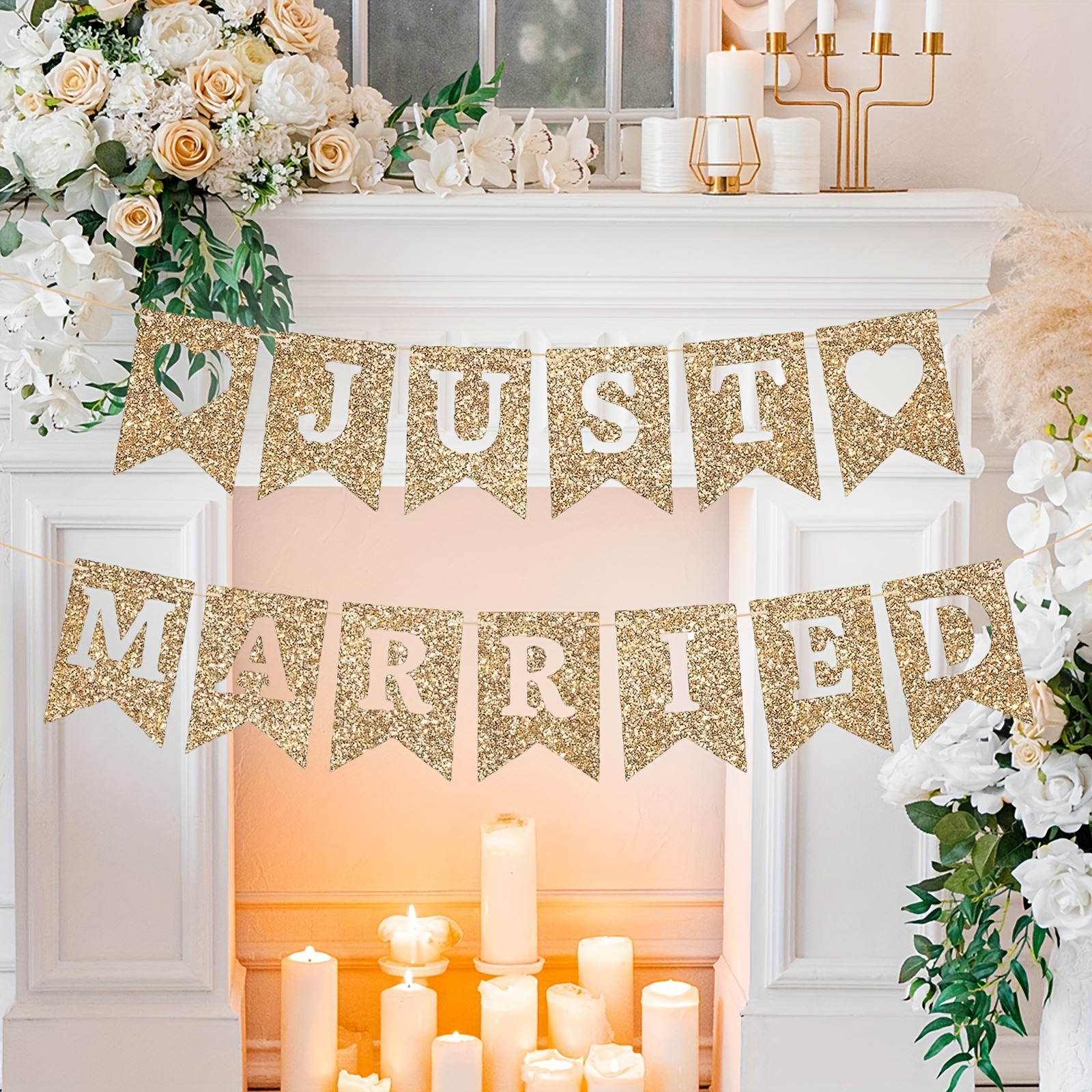 Just Married Banner Golden Glitter Wedding Party Banner