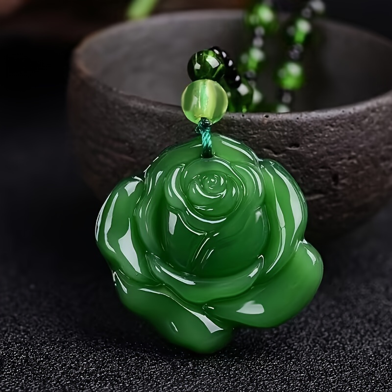 TEMU Elegant Vintage Style Jade Rose Pendant Necklace For Women, Imitation Jade Carved Flower Charm, No Plating, Versatile For Daily And Party Occasions, Accessory