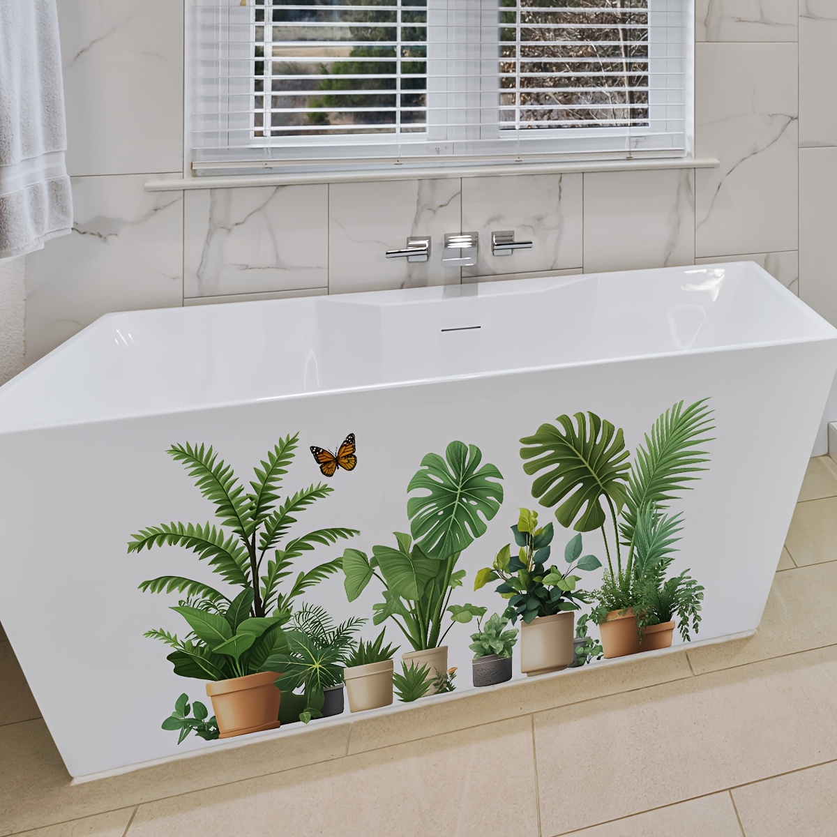 Image of 1pc 30c59.8 Style Plant Wall Sticker, Self-adhesive Tropical Bamboo Palm Potted Bathroom Background Sticker