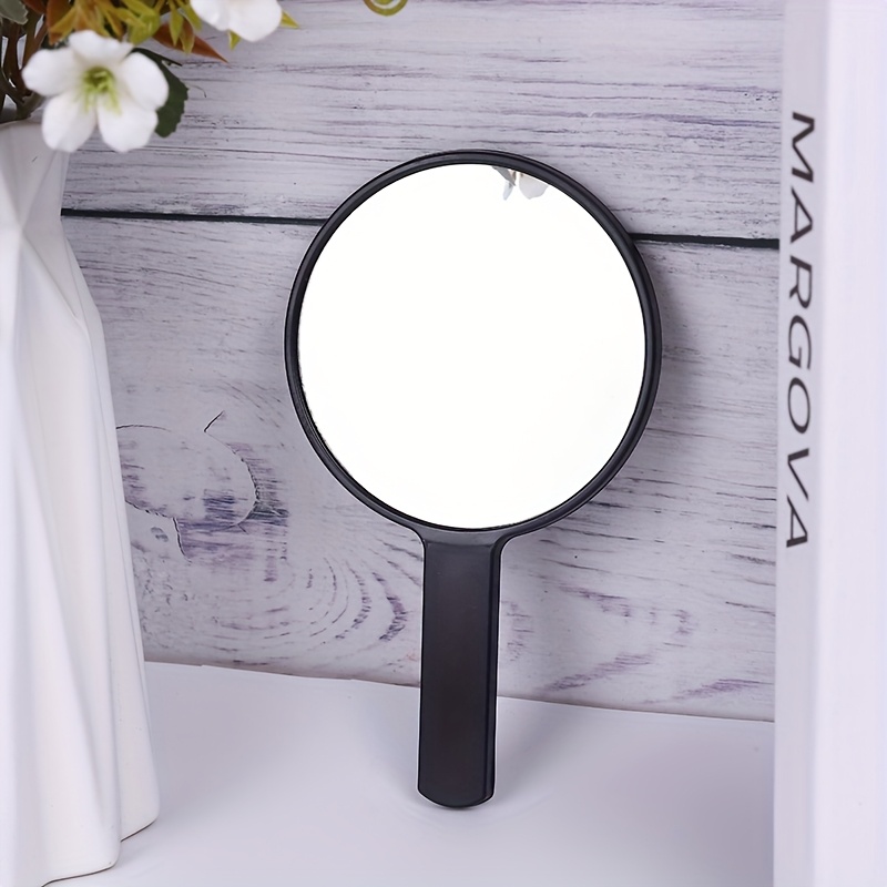 TEMU 1pc Portable Round Handle Mirror, 10x17cm, Plastic Frame With Black Handle, Ideal For Makeup & Skincare, Perfect Gift For Parents, Girls, And