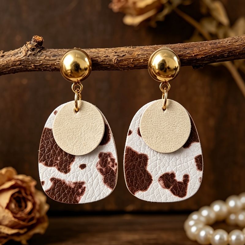 TEMU 1 Pair Retro Western Style Cow Print Double Layer Faux Leather Dangle Earrings