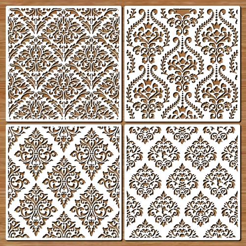 item picture 4pcs set elegant brocade stencils 4pcs set large elegant brocade stencils 12 inch reusable plastic wall stencils suitable for painting on wood furniture canvas paper and fabric exquisite floral and geometric patterns wall art decor