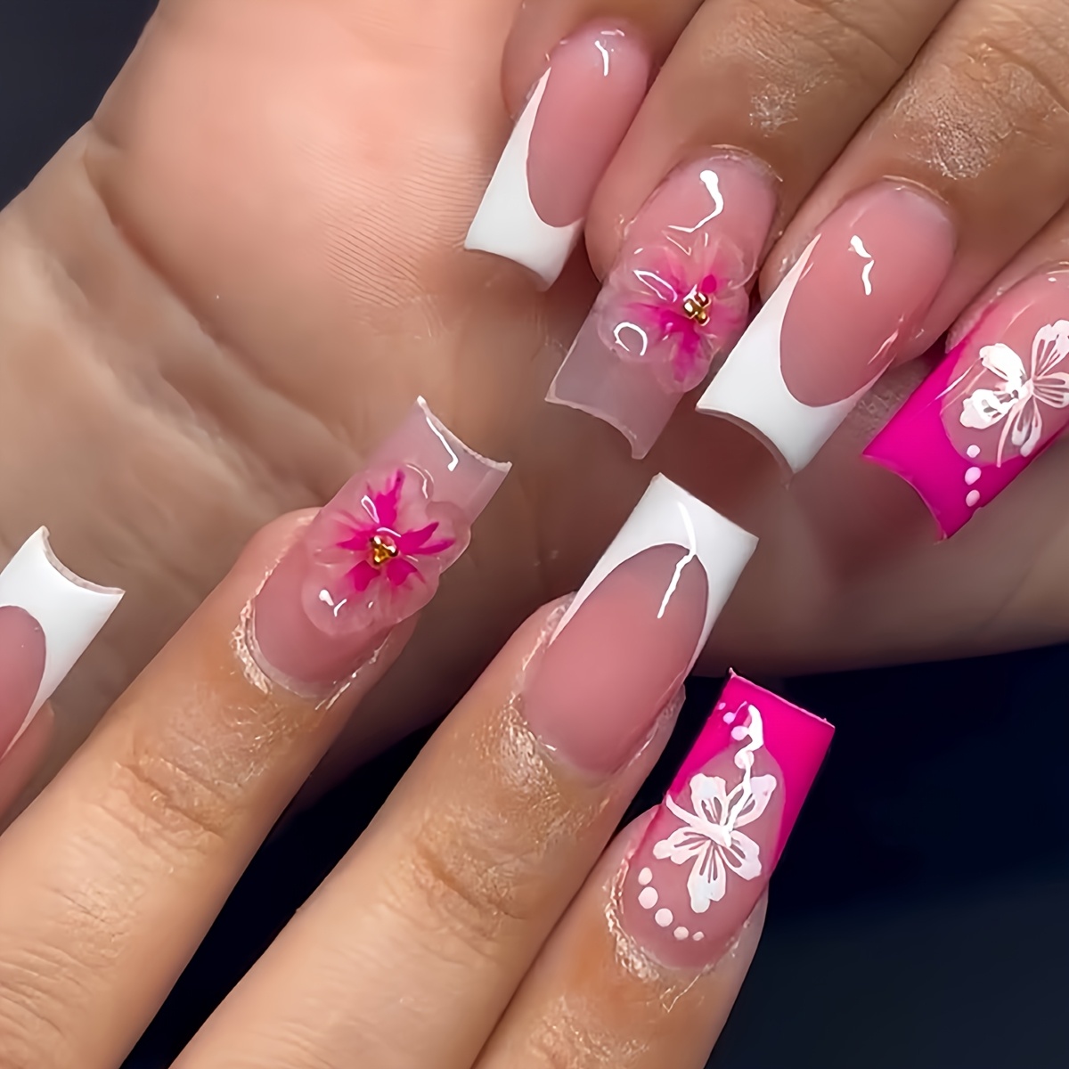 

box Of 24 Long Coffin Nails With Clear And White French Tips, Pink Floral 3d Accents, And Designs, Press-on Nail Set With Nail File & Jelly Glue. Suitable For All Women, Daily, Holiday & Party Wear