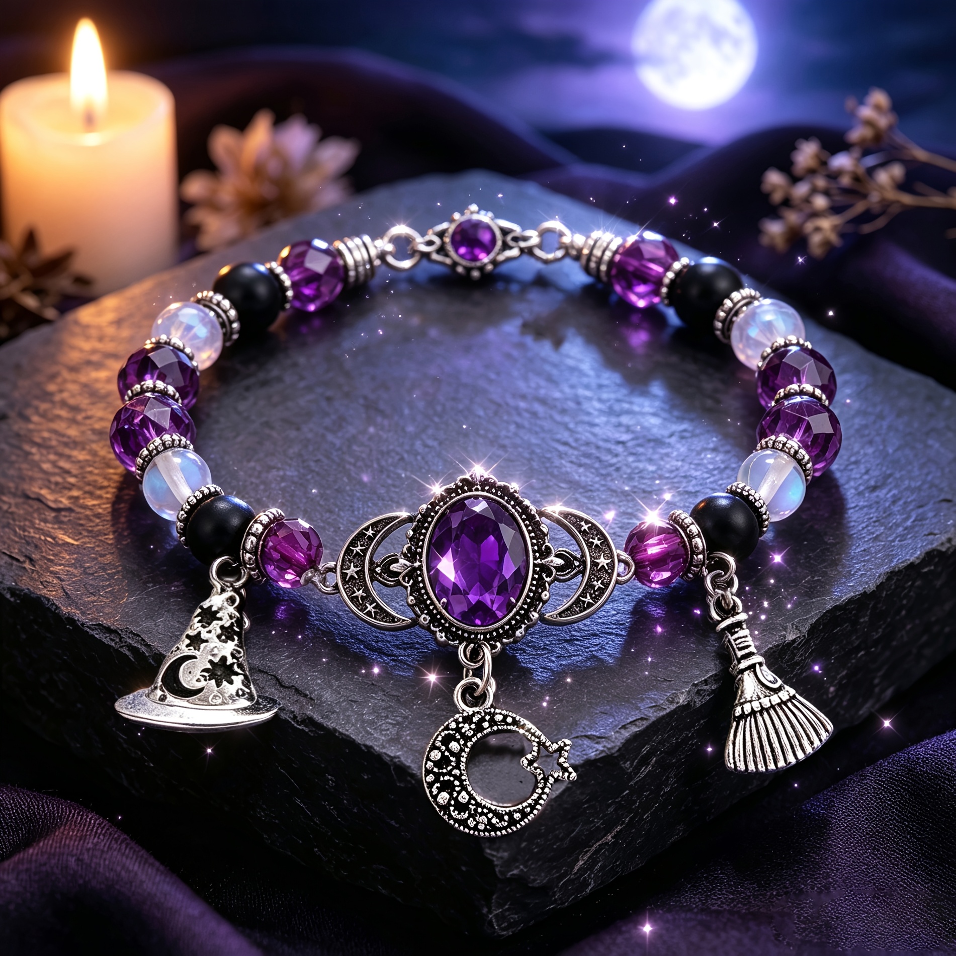 TEMU Bracelet de perles violettes de sorcière gothique, bracelet à breloques vintage en argent avec lune, étoile, chapeau de sorcière et balai, bijou