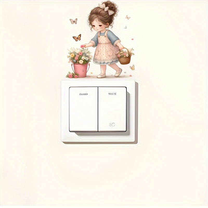 Image of 1pc Exquisite Little Girl Picking Flowers Switch Sticker – Bathroom, Bedroom, Living Room Home Decor Wall Sticker – Removable, Self-adhesive, Easy To Decor Accessory