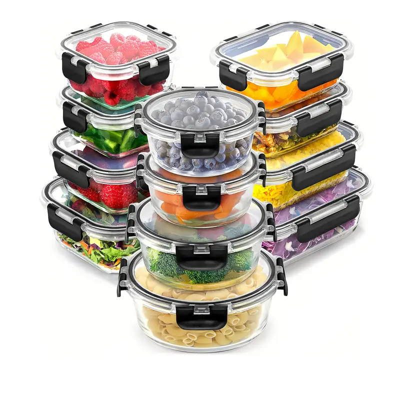 set of 24 12 lids 12 glass bowls with airtight lid glass food prep container for lunch kitchen storage container sealed reusable ideal for storing the microwave refrigerator dishwasher and camping black grey Product details 0