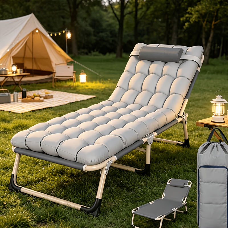 Folding Lounge Chair, Adjustable Camping Bed With Terrace And Beach Mattress, Sturdy Folding Bed With Pillow