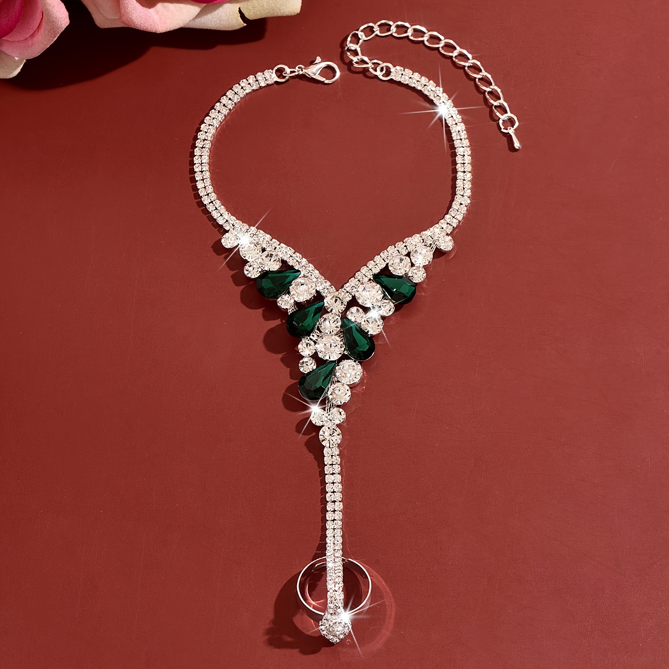 1 pç Pulseira de Corrente para as Costas da Mão Feminina, com Anel e Cristais Verdes em Forma de Lágrima, Cobre com Incrustações de Cristais, Ideal para Casamentos, Jantares de Gala e Bailes 5