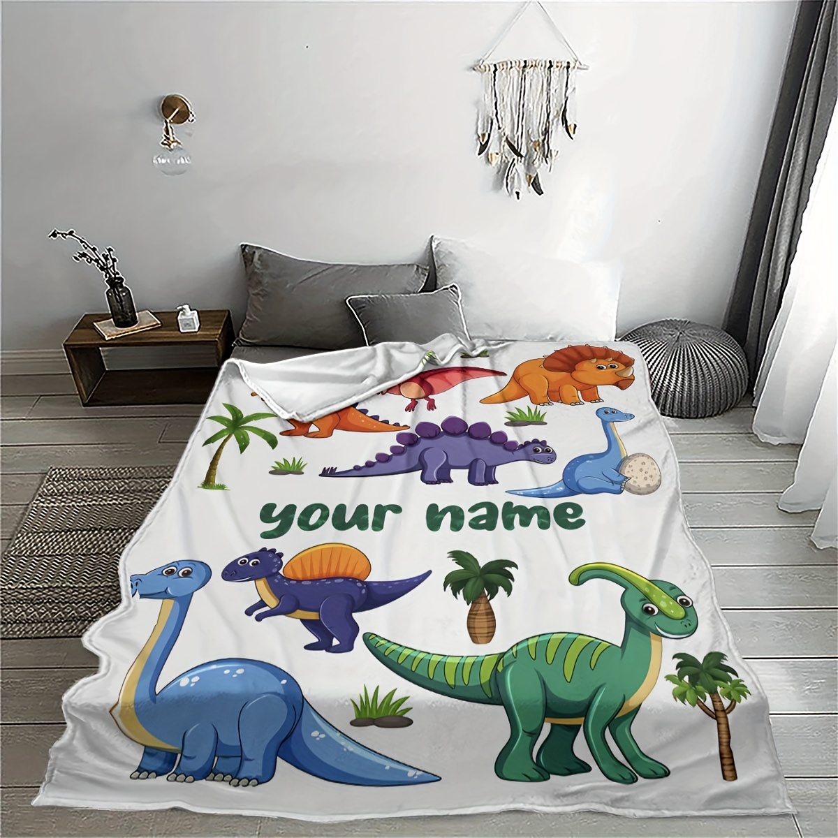Personalized Cartoon Dinosaur Print Flannel Blanket