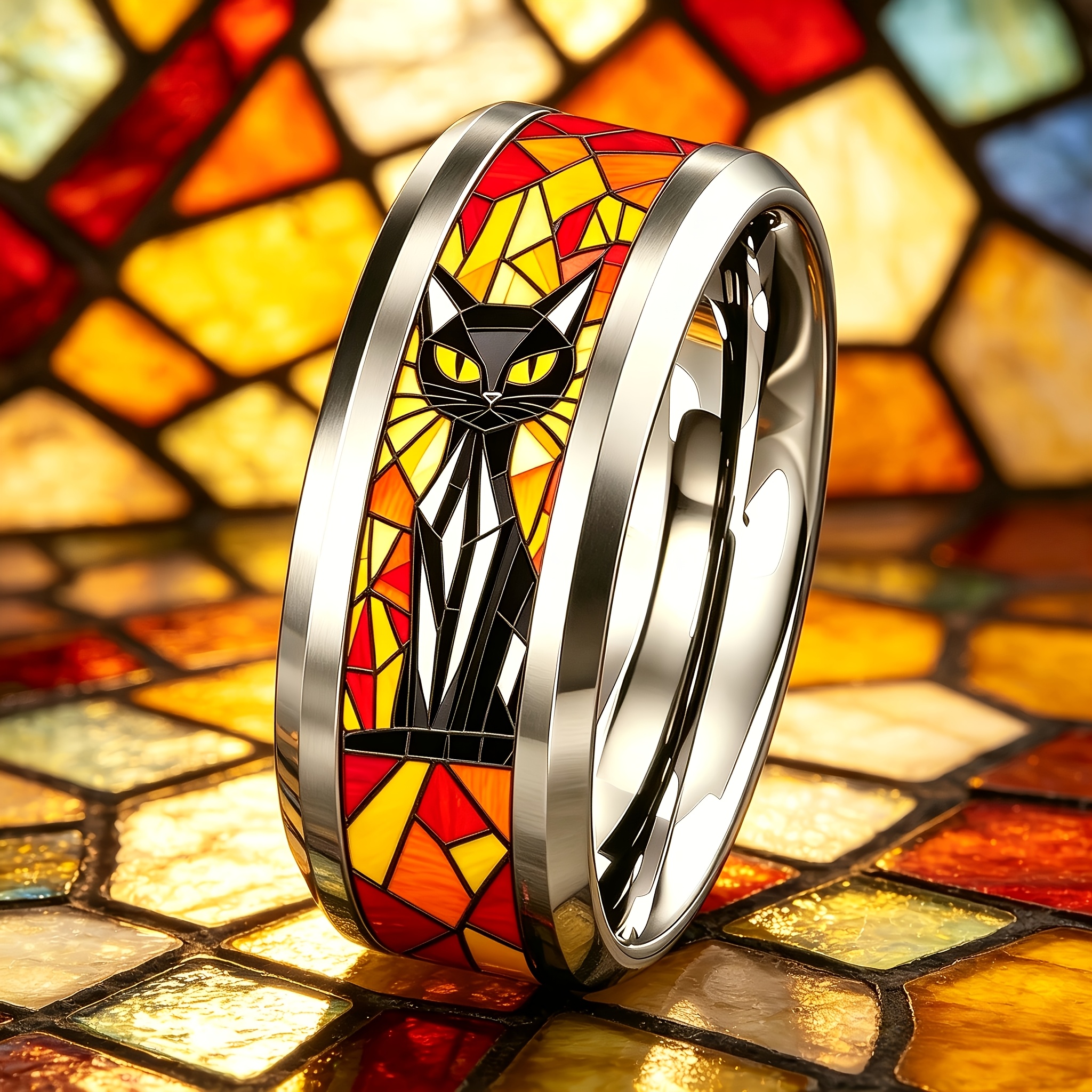 1pc 8mm Stained Glass Black Cat Print 80.31gal 304 Stainless Steel Ring, Fade-Resistant and Hypoallergenic, Vintage Art Style Mysterious Cat Ring, Unisex Versatile Index Finger Ring, for Daily Commuting and Wear, Niche Cool Accessory Gift