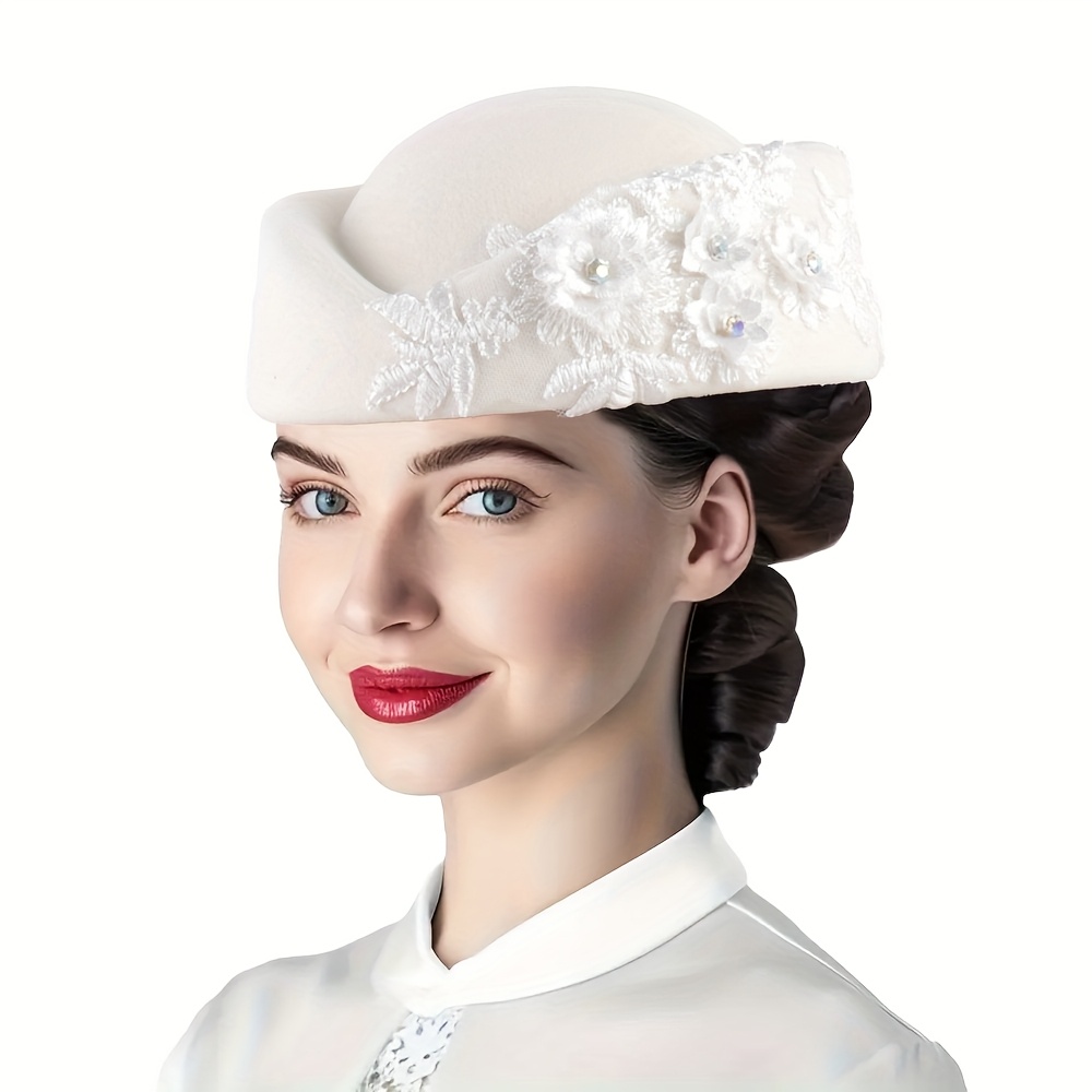 Image of Women's Felt Hat With Lace Flower Trim - Lightweight Suitable For Role Play, Themed Parties & Daily Wear, Non-elastic For Airplane Costumes, Nurse Uniforms, Historical Dressing