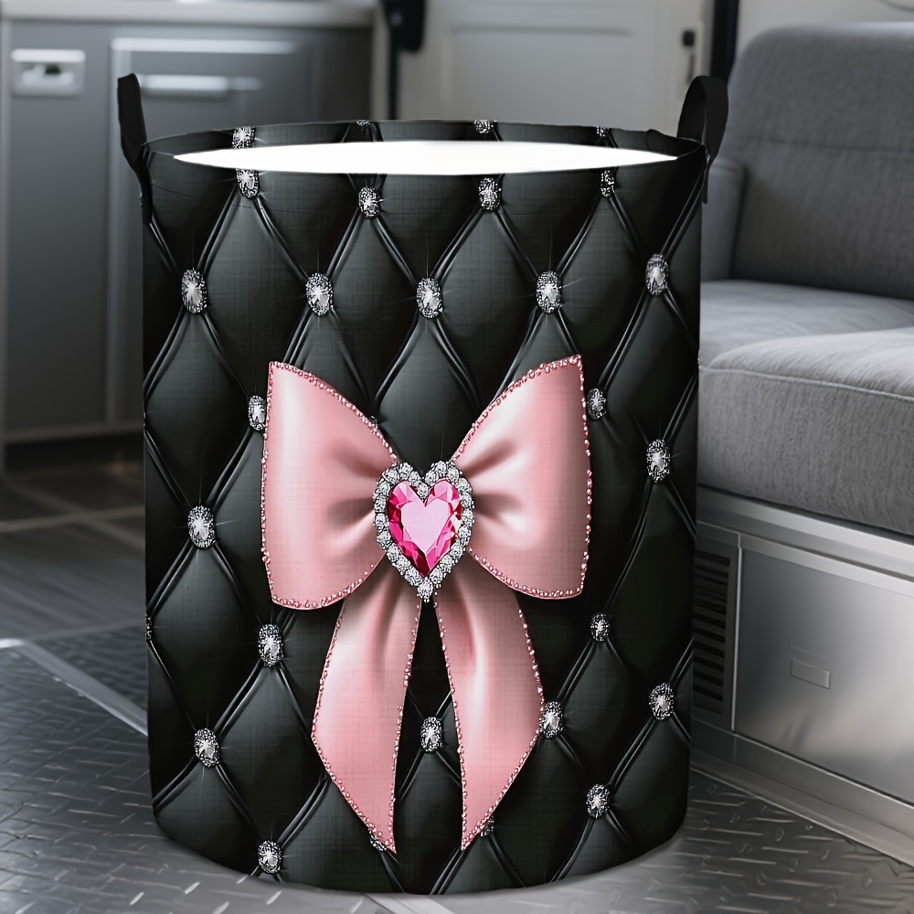 TEMU 1pc Dokriy Spacious Round Laundry Basket With Pink Bows And Black Diamond Designs, Foldable, For Storing Dirty Clothes, Suitable For Bedrooms,