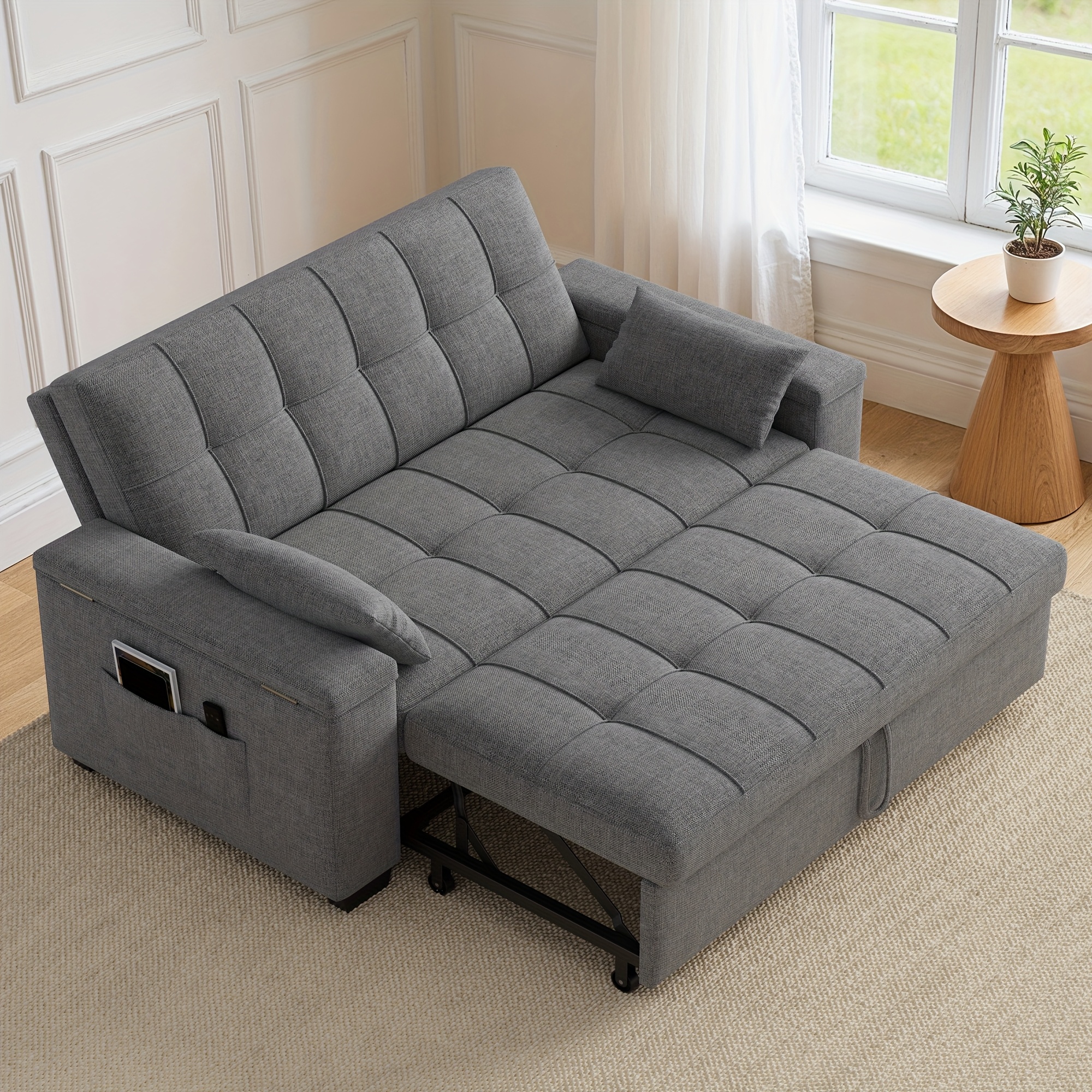 full size 3 in 1 convertible sofa bed plush fleece loveseat sleeper with pull out couch reclining backrest for living room furniture linen fabric convertible sofa bed with storage armrests
