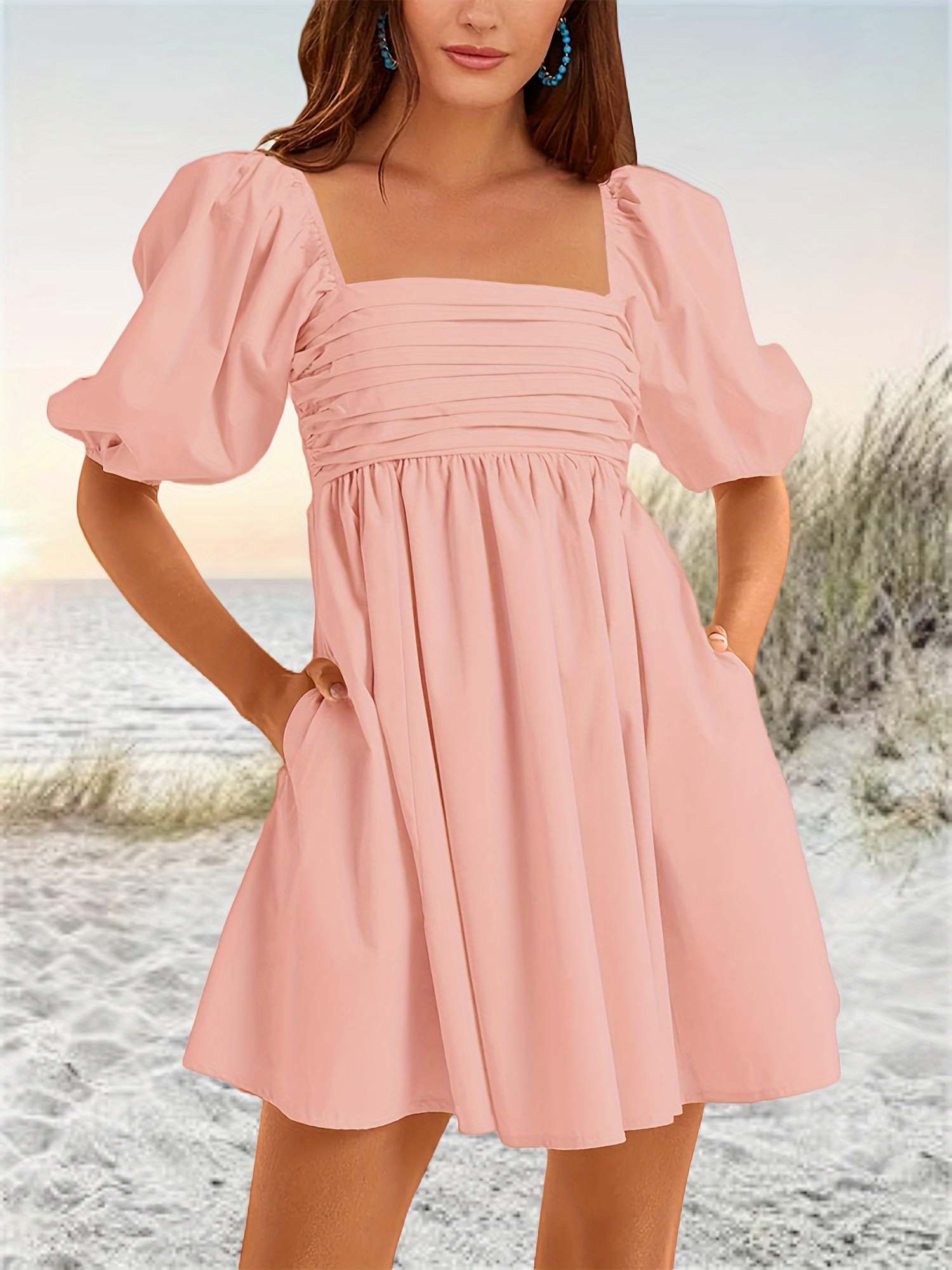 chinese dress ladies Women's Summer Dresses Short Puff Sleeve Ruffle Skater Mini Dress Square  Neck A Line Short Dress Beach Party Dress at Amazon Women's Clothing store main image 0