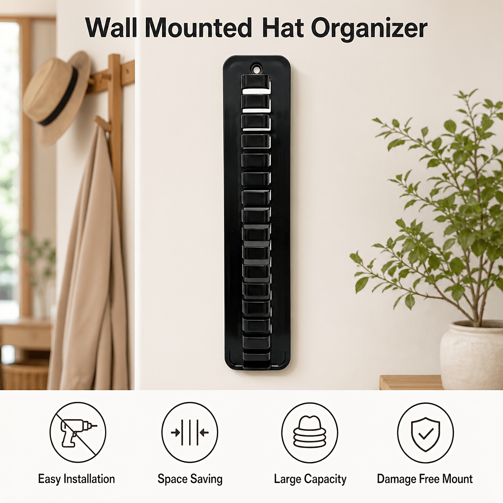 TEMU Porte-chapeaux mural auto-adhésif, contient 16 chapeaux, organisateur de chapeaux en plastique avec protection de bord pour placard, dortoir,