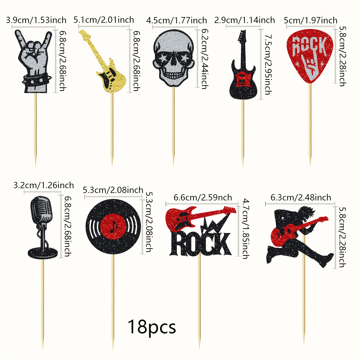 Image of 18 For Rock Party Cake Decoration Toppers Featuring Shiny Guitars, Records, And Microphones, Perfect For A For Rock Music Themed Birthday Or Shower Party