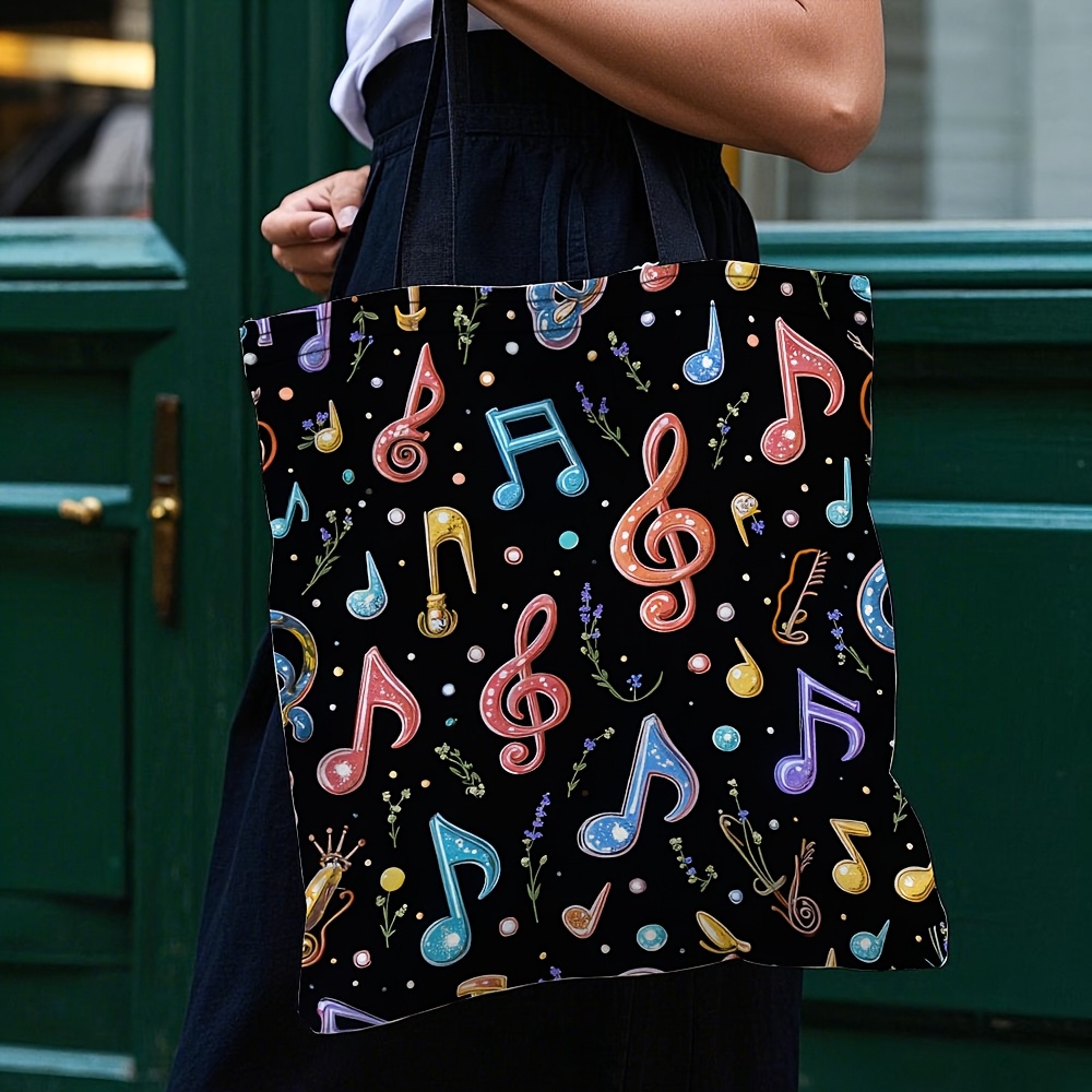 TEMU 1pc Vibrant Musical Notes & Instruments Canvas Tote Bag - Lightweight Foldable Crossbody Shoulder Bag With Double Handles, Durable