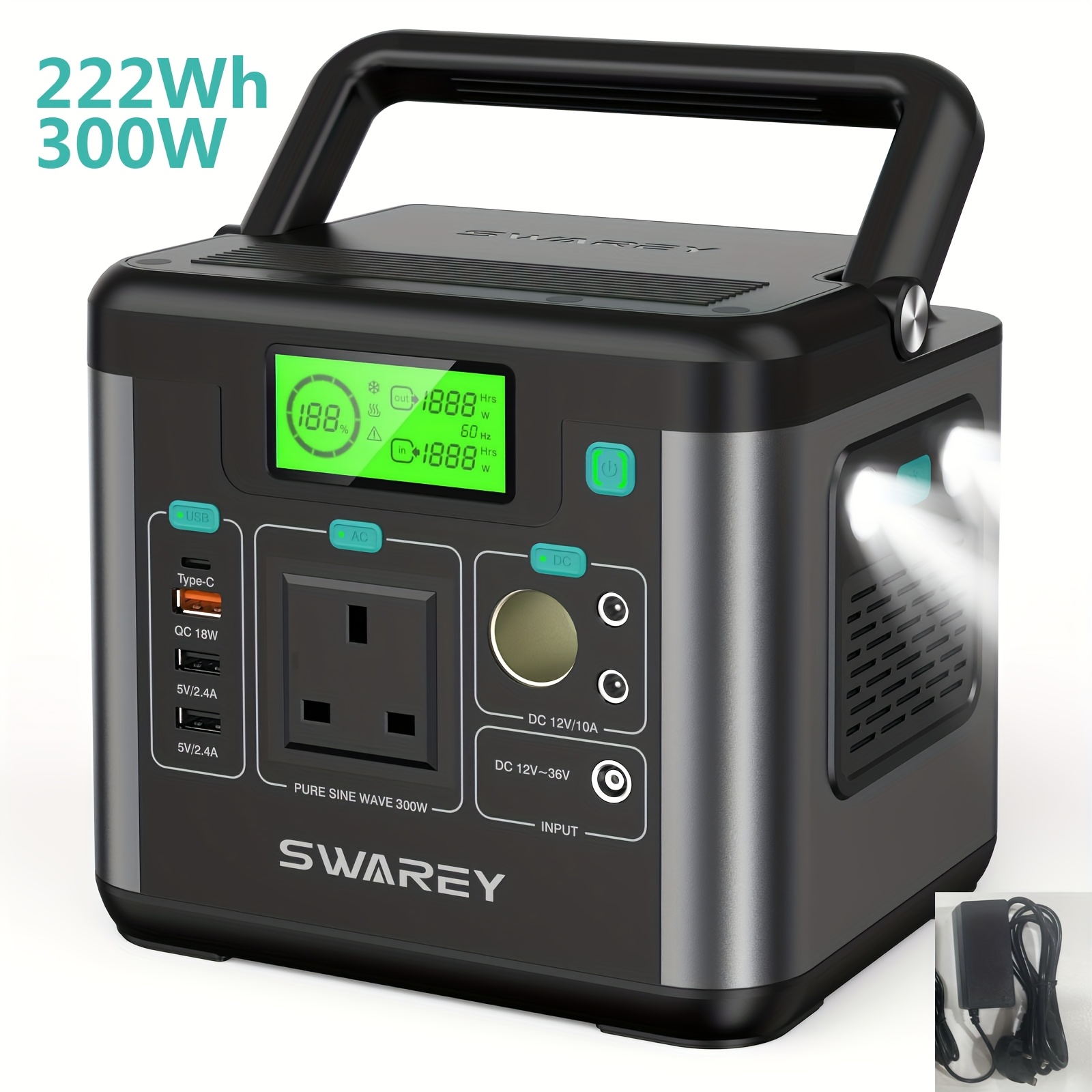 TEMU Swarey Portable Power Bank Power Station, 222wh Lithium Battery Solar Generator With 300w Ac Outlet, Usb-c Pd 65w, Power Generator For Camping