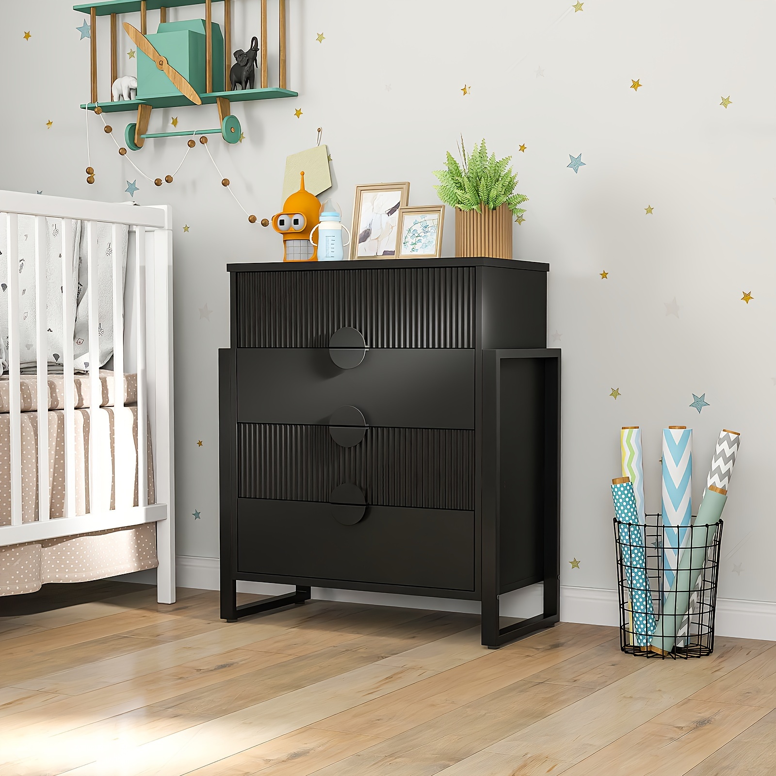 Mozeat Lens Modern Fluted 4 Drawer Dresser, Dressers For Bedroom, Textured Wood Sticks Borders H Metal Legs For Bedroom, Living Room, Hallway