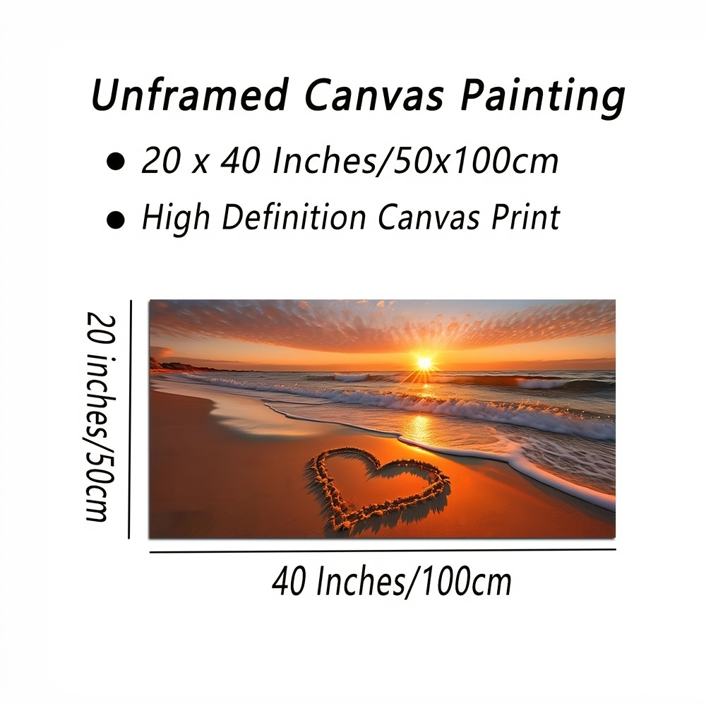 TEMU 2d Flat, 2d Flat, 1 Large Size Unframed Decorative Painting Love Heart At Sunset And Ocean Wave Canvas For Bathroom Living Room Bathroom Wall