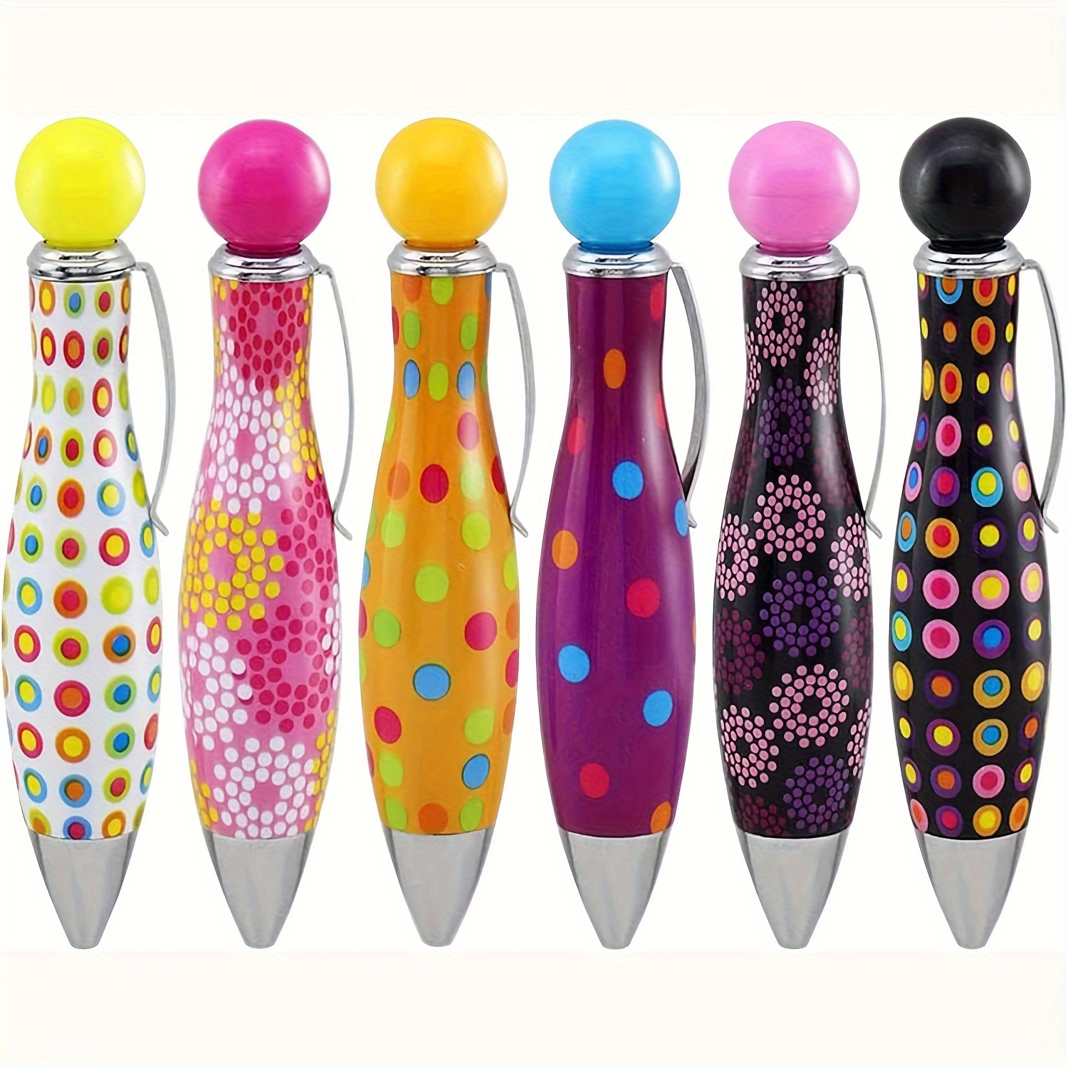 

6-pack Extra Ballpoint Pens With Pocket Clip, Plastic Twist-closure Round Body Pens For Adults - Vibrant Polka