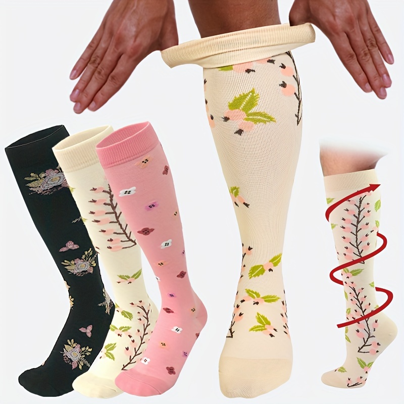 

3 Pairs/ 6 Pairs/ 9 Pairs/ 12 Pairs Of Flower Pattern Knee Socks, Sports Socks, Soft And Breathable Fitness High Elasticity Outdoor Sports Socks