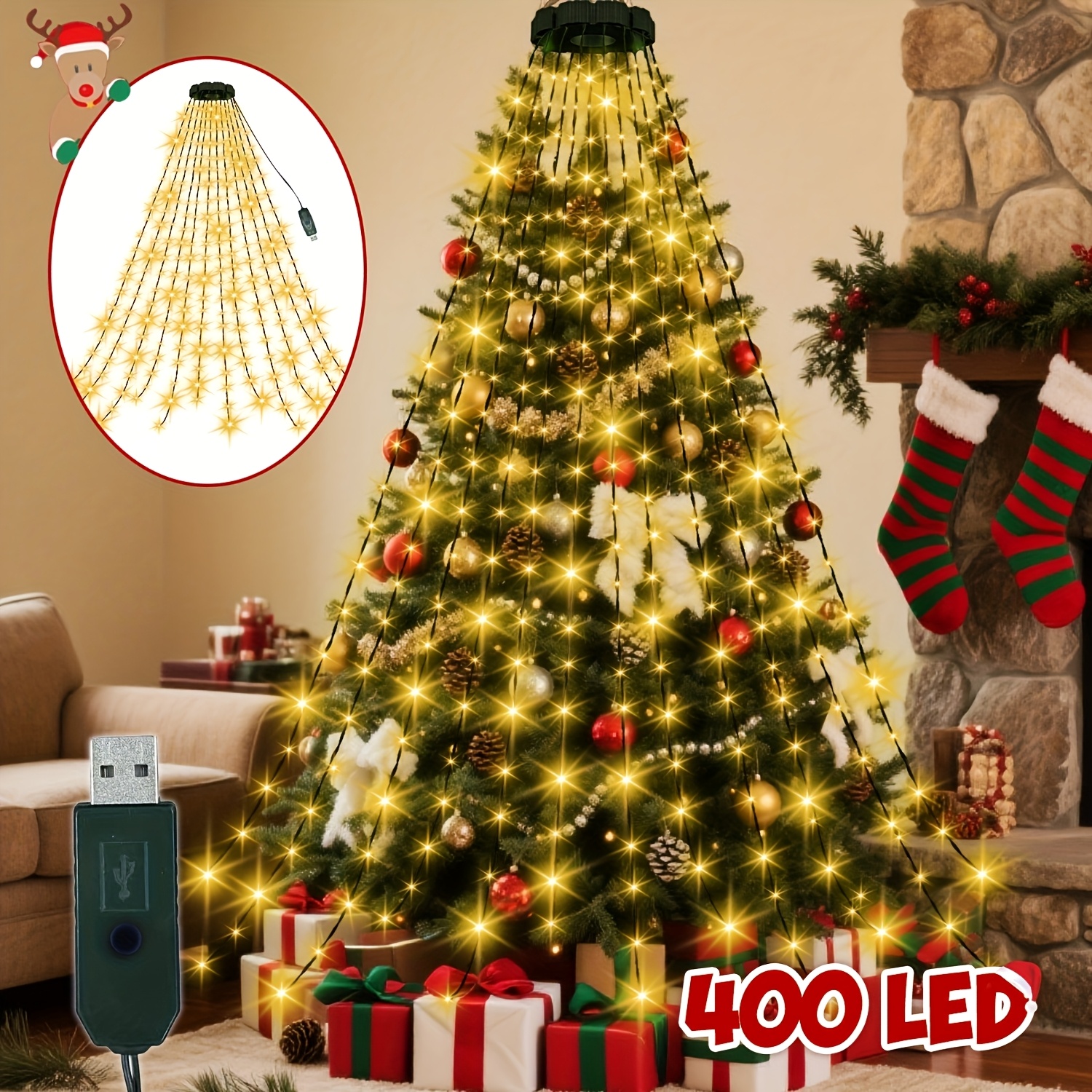 TEMU Luces decorativas para árbol de Navidad: Guirnaldas de luces navideñas de 220 LED/400 LED, luces para árbol de Navidad con anillos para árbol