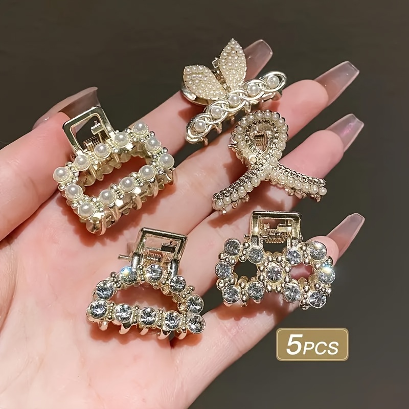 TEMU 5pcs Sweet Mini Alloy Hair Claw With Pearls And Nonslip Shark Claw For Side Hair, Bangs, And Ponytails - Gift For Women