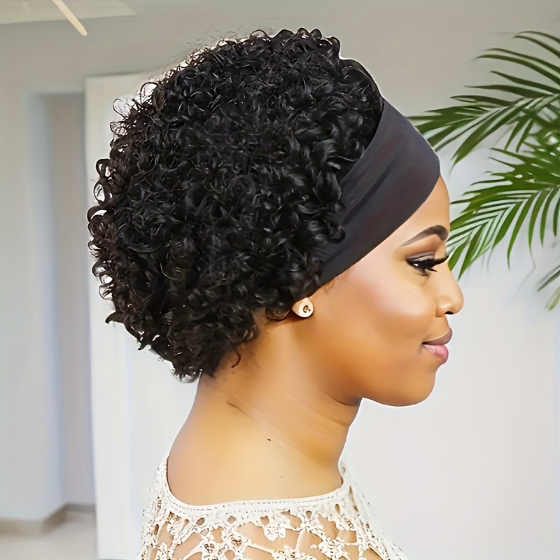 Image of 150% Density Human Hair Wig Short Headband Bob Wig Natural Black Short Curly Bob Cut Glueless Headband Wig Full Machine Wig