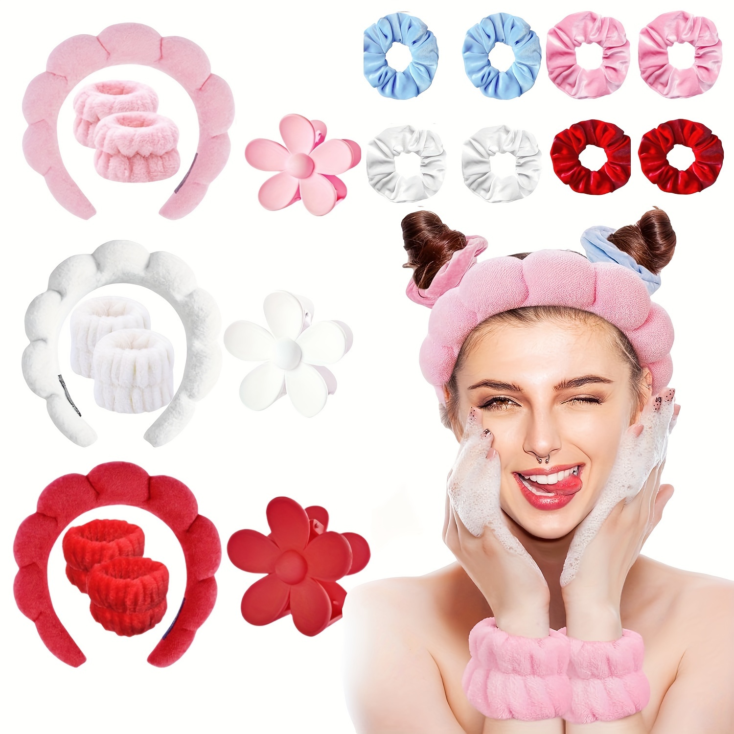 

6pcs Solid Color Hair Accessories Kit Cloud Shaped Head Band Elastic Wrist Band Flower Shaped Hair Claw Clip Large Intestine Hair Loop For Women And Daily Uses