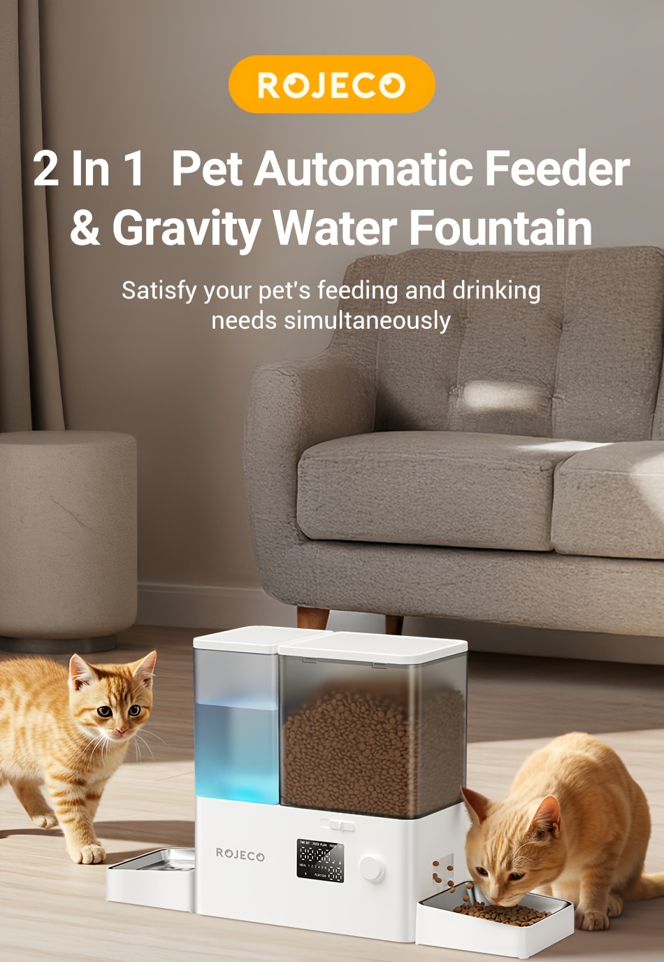 8/5l 2-i-1 automatisk foderautomat til kæledyr med tyngdekraftsfunktion til hunde og katte, 5 dispensere, 3/5l drikkevand med skål i rustfrit stål uden batteri. Produktdetaljer 0