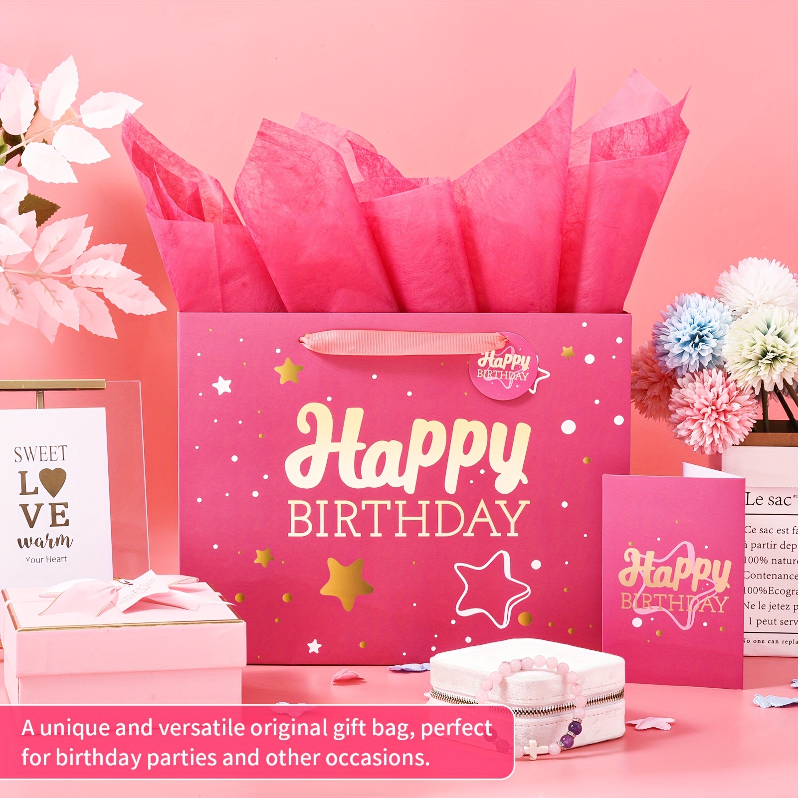 

1pc Pink Happy Birthday Gift Bag, With Tissue Paper And Greeting Card, For Birthday, Party, Happy Birthday Gift Bag, Suitable For Women's Birthday, 13-inch Gift Bag Medium Size