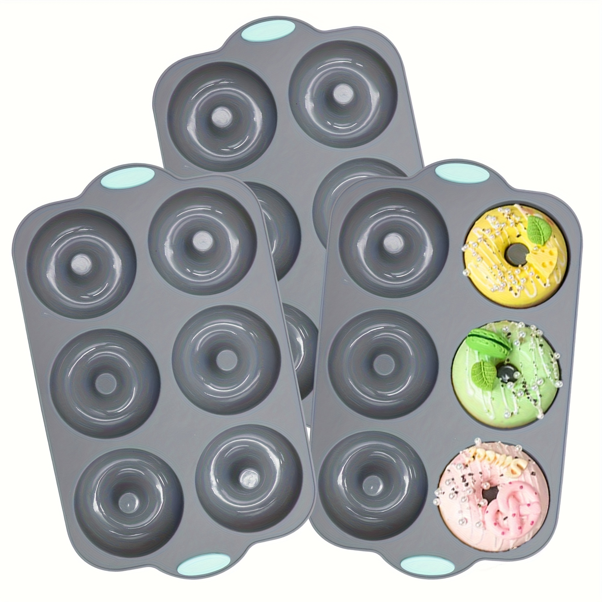 TEMU Ensemble de 3 moules à donuts en silicone, avec 6 trous interconnectés, outils de cuisson rectangulaires, adaptés aux gâteaux et, sûrs pour la