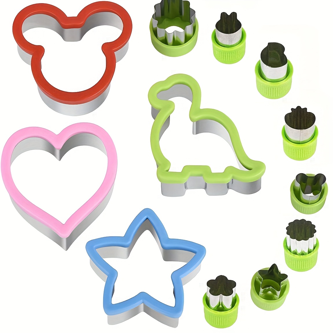 Image of 4pcs+8pcs Multicolor Sandwich Cutter + Large And Small Fruit Cutter (green) Stainless Steel Cookie Mold Fruit And Vegetable Cutter Sandwich Lunch Baking Tool