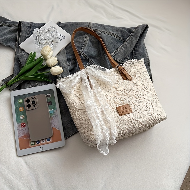 Lace Large Capacity Tote Bag, New Summer Trendy Style with Scarf Gift, Contrast Color Women's Fresh Artistic Handbag