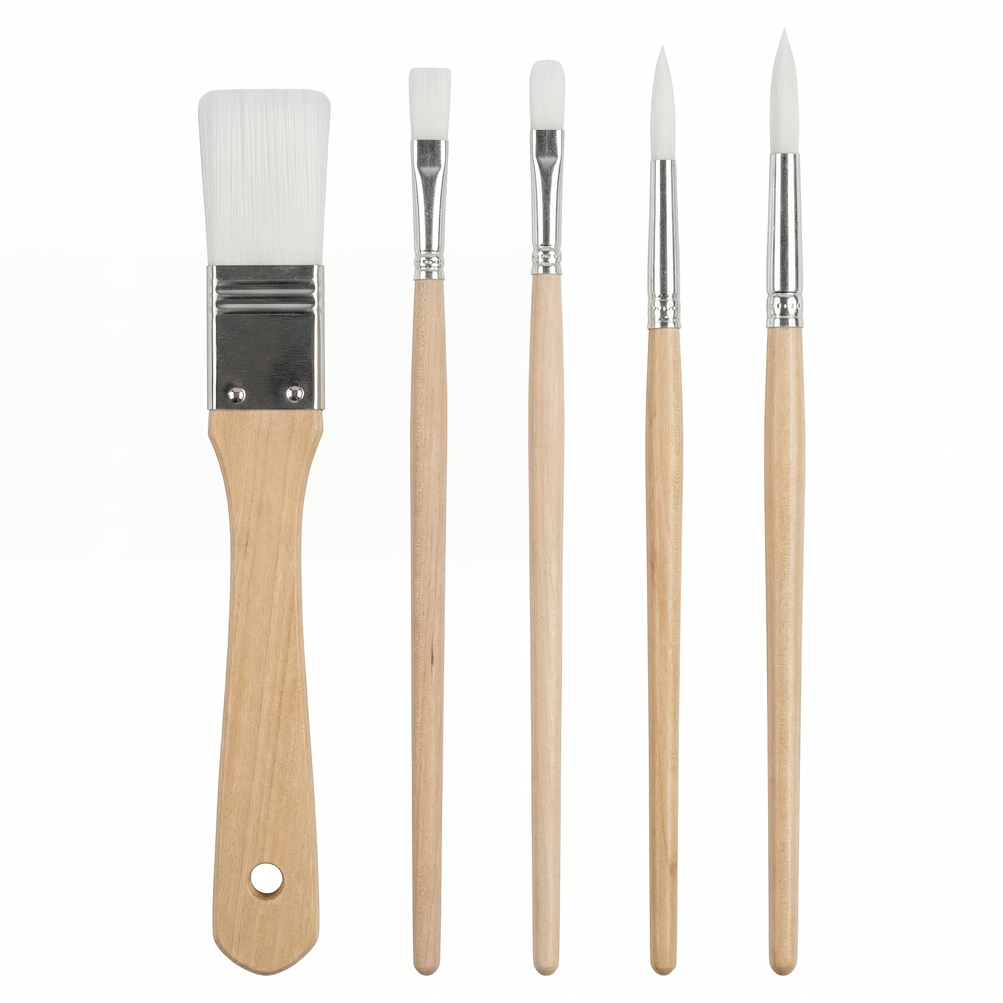 TEMU 5pcs Paint Brush Set. Natural Wood Handle, White Nylon Bristles. Suitable For Watercolor, Oil Painting, Acrylic Painting
