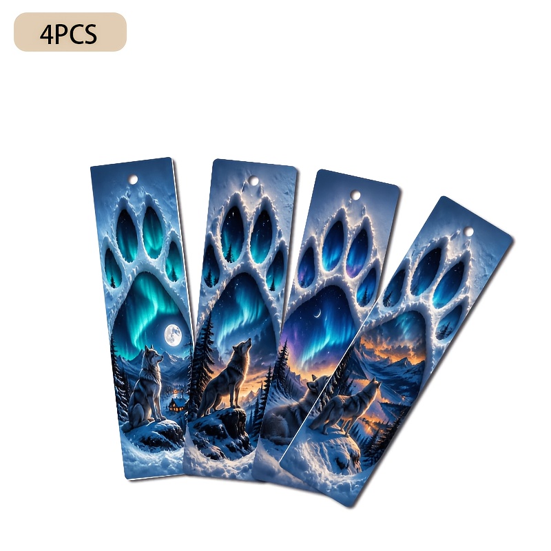 TEMU 4pcs Set Of Arctic Wolf, Aurora, And Pattern 2d Printed Pu Leather Bookmarks With Tassels, 1.6in*5.9in, Fantasy Realistic Illustration Style,