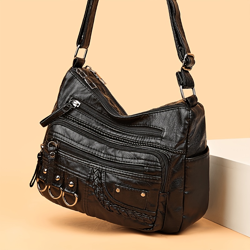 Image of Women's Pu Handbag With Multi-zipper Compartments & Adjustable Crossbody Strap - Large Capacity Retro Tote Suitable For Daily Commuting,,, Travel, Casual Shoulder Bag In